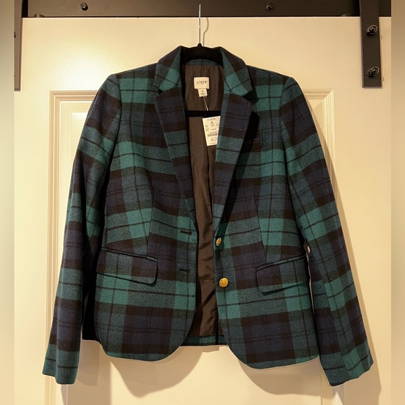J. Crew Jackets & Coats Jcrew Black Watch Plaid Blazer With Gold